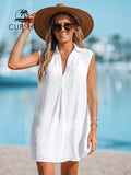 CUPSHE V-Neck Basic Collar Bikini Swim Cover Up For Women Sexy Sleeveless Beach Tunic Mini Cover Up Dress 2023 Summer Beachwear