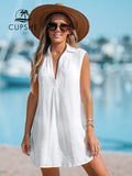 CUPSHE V-Neck Basic Collar Bikini Swim Cover Up For Women Sexy Sleeveless Beach Tunic Mini Cover Up Dress 2023 Summer Beachwear