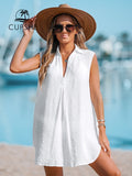 CUPSHE V-Neck Basic Collar Bikini Swim Cover Up For Women Sexy Sleeveless Beach Tunic Mini Cover Up Dress 2023 Summer Beachwear