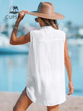 CUPSHE V-Neck Basic Collar Bikini Swim Cover Up For Women Sexy Sleeveless Beach Tunic Mini Cover Up Dress 2023 Summer Beachwear