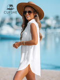 CUPSHE V-Neck Basic Collar Bikini Swim Cover Up For Women Sexy Sleeveless Beach Tunic Mini Cover Up Dress 2023 Summer Beachwear