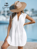 CUPSHE V-Neck Basic Collar Bikini Swim Cover Up For Women Sexy Sleeveless Beach Tunic Mini Cover Up Dress 2023 Summer Beachwear